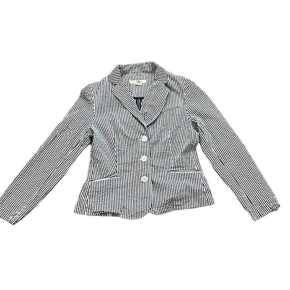Sandro women’s navy and white striped seersucker blazer jacket Size Medium